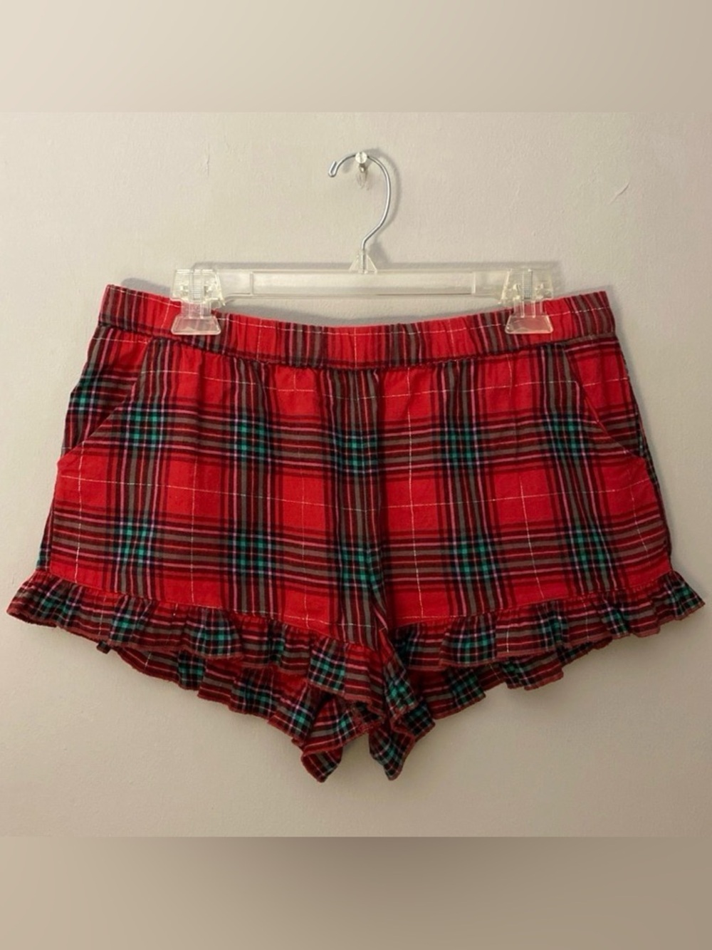 XHILARATION Red Flannel Low Rise Ruffle Lounge Sleep PJ Pajama Shorts Pockets M
